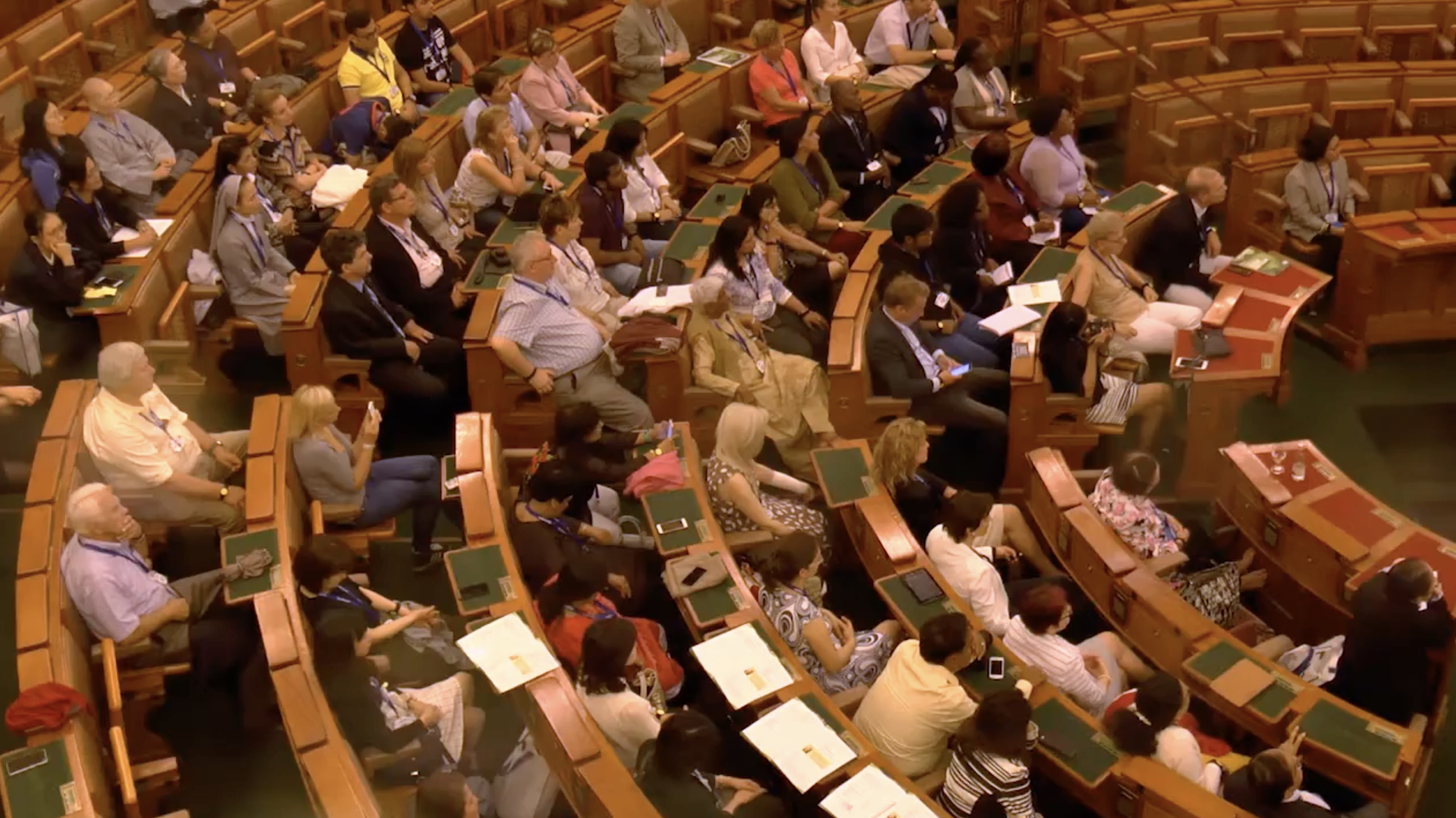 man watching a band on the stage wearing a red t-shirt and black hat.